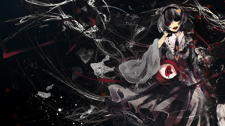 black haired anime character painting, blood, dark, red eyes
