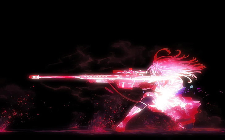 anime girls, sniper rifle, night, motion, illuminated, black background