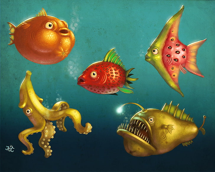 Anglerfish, animals, bananas, food, fruit, Orange (fruit), Pears