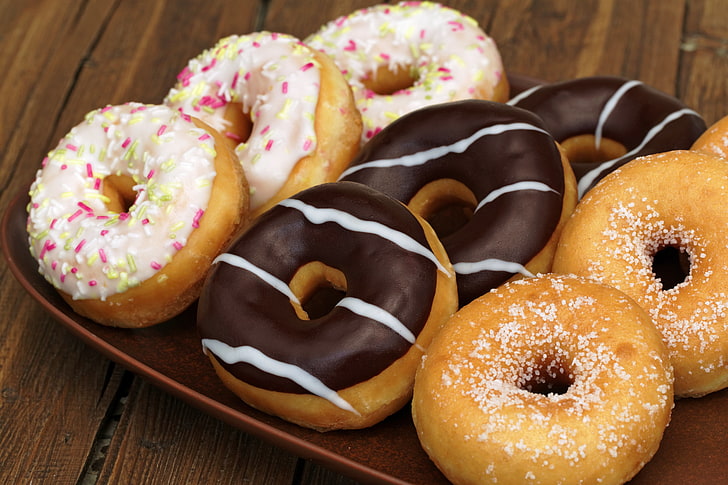 doughnut lot, donuts, chocolate, glaze, food, dessert, snack, HD wallpaper