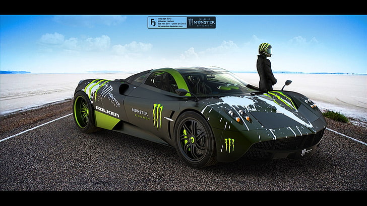 black and green sports car, Monster Energy, vehicle, transportation