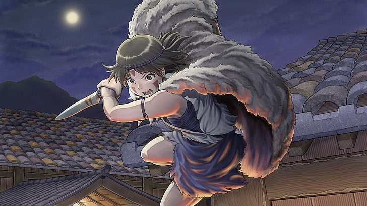 girl holding sword near the building wallpaper, Hayao Miyazaki