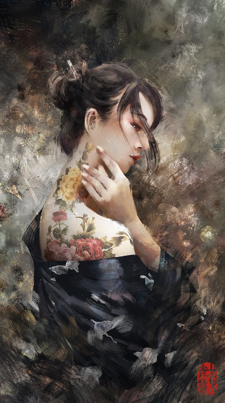 Japanese, women, flowers, tattoo, kimono, HD wallpaper