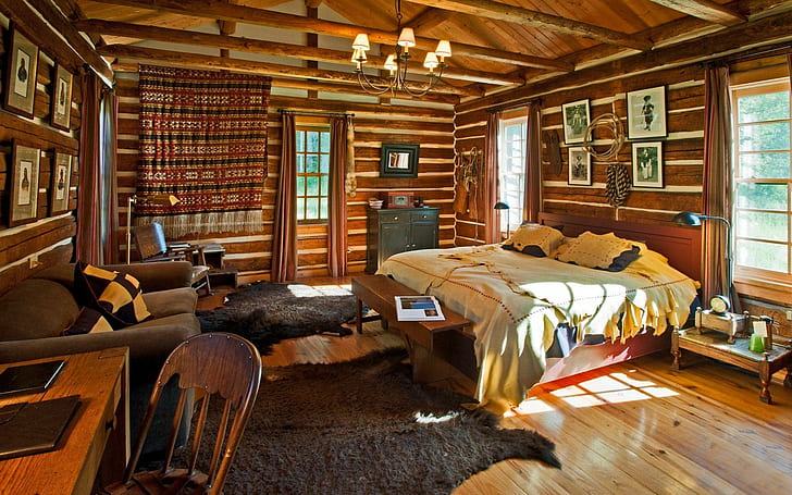 Log Cabin Bedroom Suite, bedrooms, architecture, log cabins, interior design, HD wallpaper