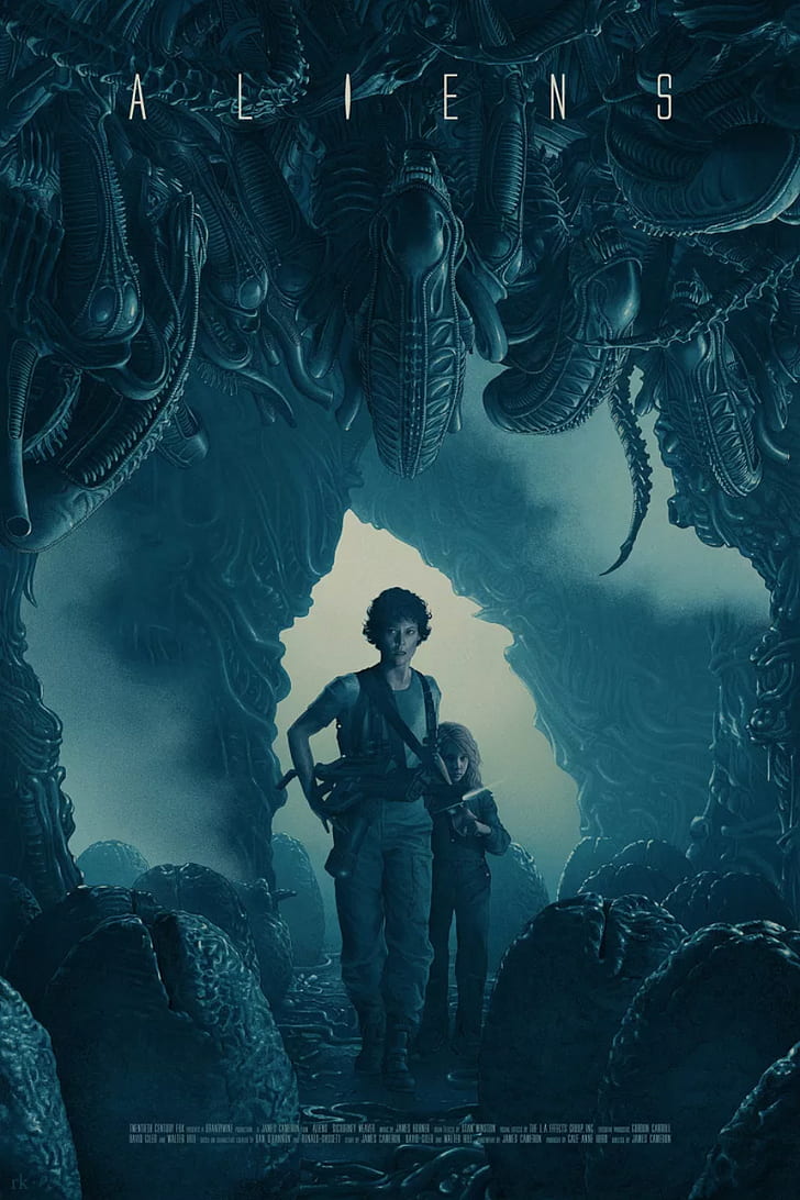 movie poster, aliens, Sigourney Weaver, H. R. Giger, Aliens (movie)