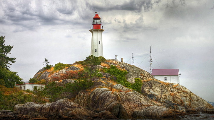 lighthouse, rock, clouds, Point Atkinson Lighthouse, architecture
