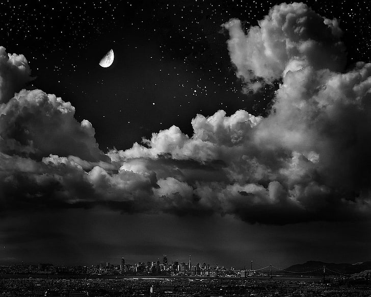 white half moon, New York City, sky, cloud - sky, architecture, HD wallpaper