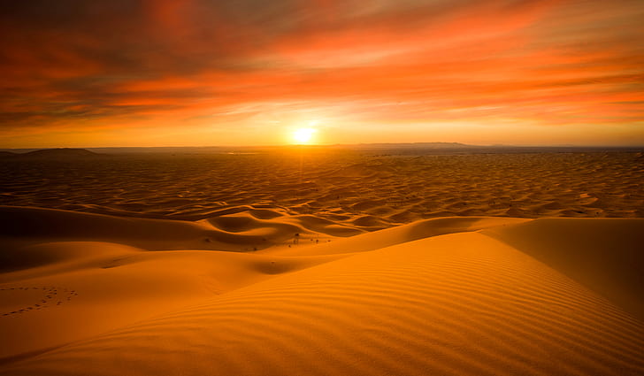 Sunset, Sahara desert, Sand dunes, 5K