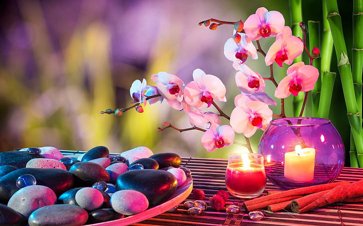 bamboo, bokeh, candles, heart, mood, orchids, Stones, towels, HD wallpaper