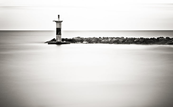 Balearic Islands, light house near sea, Black and White, Long, HD wallpaper