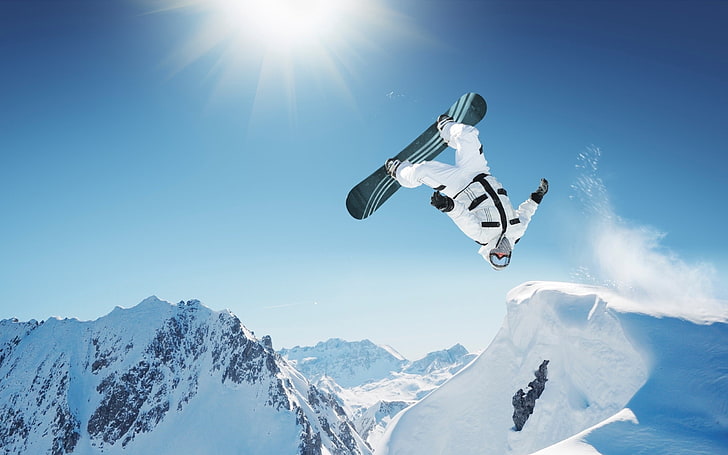black and white snowboard, snowboarding, trick, jump, mountain, HD wallpaper