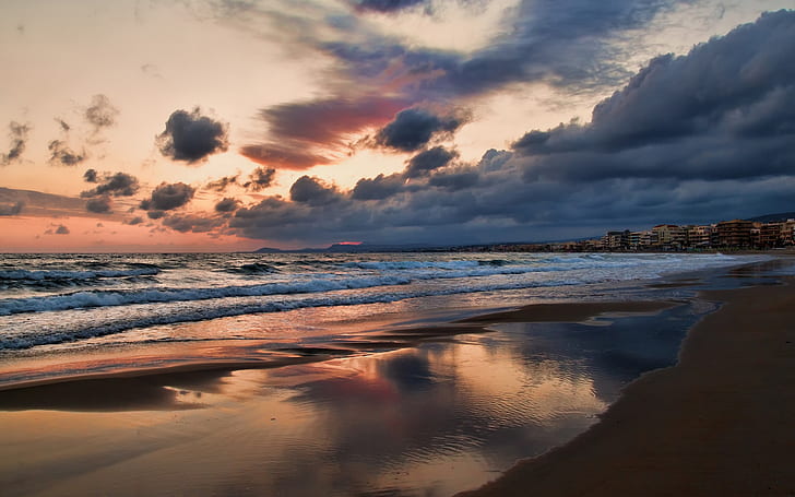 Greece, Crete island, town, beach, sea, evening, sunset, sky, clouds, HD wallpaper