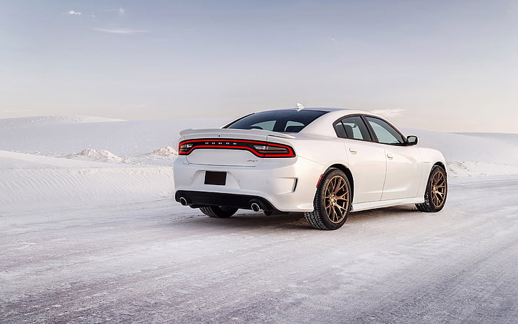 white 5-door hatchback, Dodge Charger Hellcat, car, snow, winter