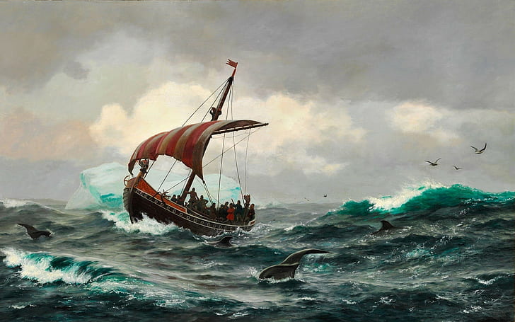 sea, Greenland, iceberg, ship, waves, longships, Vikings, artwork, HD wallpaper