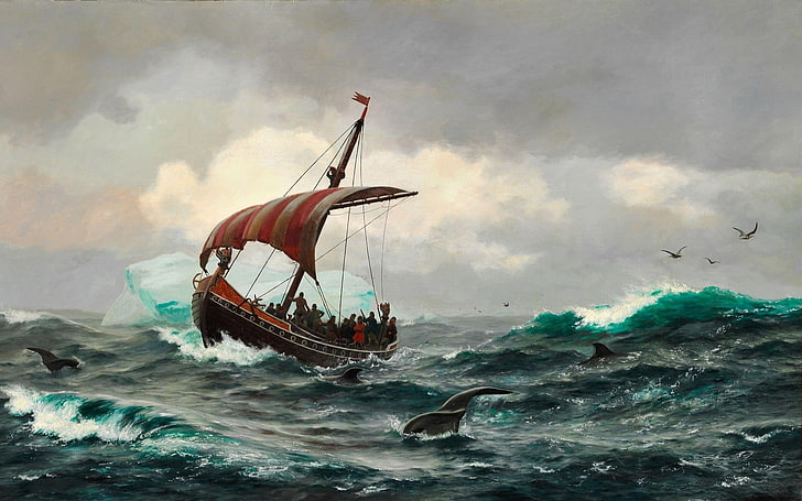 galleon ship painting, Vikings, longships, sailing ship, sea