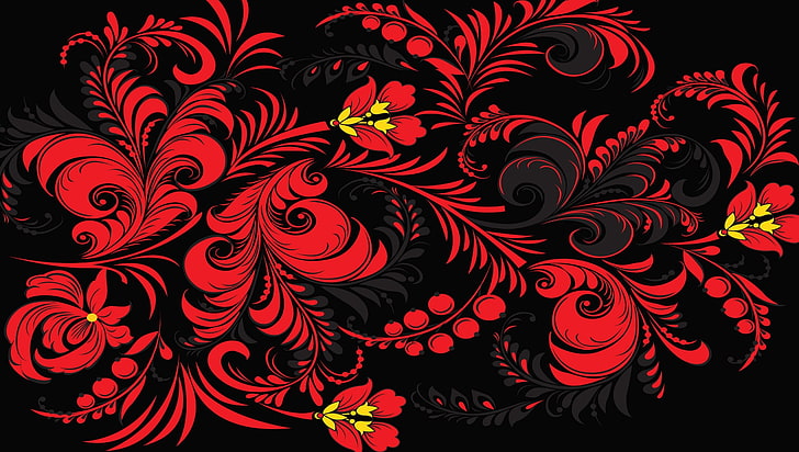 black and red flowers illustration, khokhloma, pattern, color, HD wallpaper
