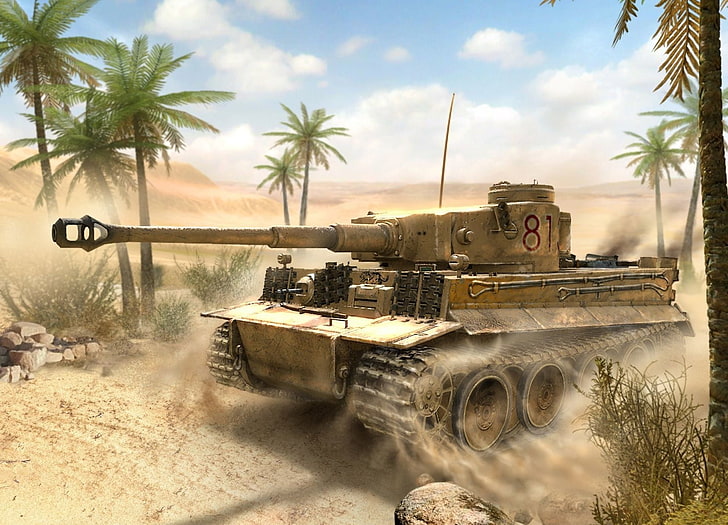 brown battle tank, war, attack, figure, art, Africa, German, WW2, HD wallpaper