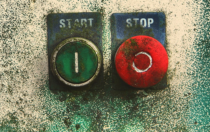 power buttons, start, stop, wall, red, communication, close-up