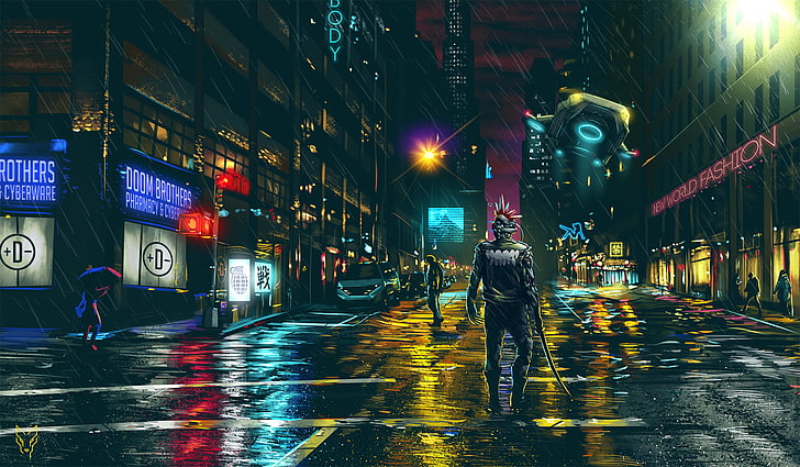 man with sword illustration, Game poster, Dark Cyberpunk, cityscape