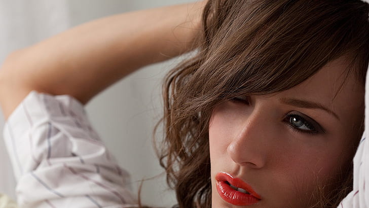 red lipstick, Malena Morgan, brunette, model, women, eyes, HD wallpaper
