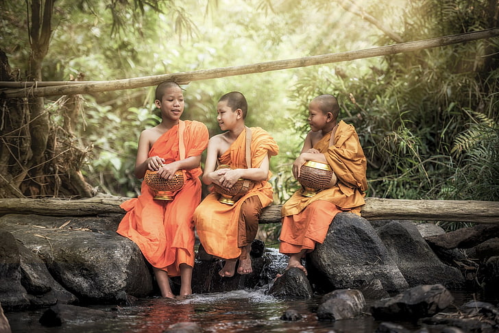 monks, Thailand, water, forest, tree, front view, people, friendship