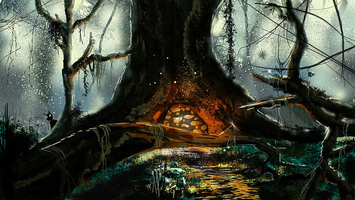 Digital Art, Fantasy Art, Trees, Branch, Lianas, Water, Mushroom, HD wallpaper