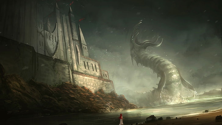gray castle wallpaper, digital art, dragon, fantasy art, sea monsters