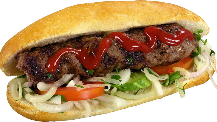sausage sandwich, hot dog, meat, bun, ketchup, hamburger, food, HD wallpaper
