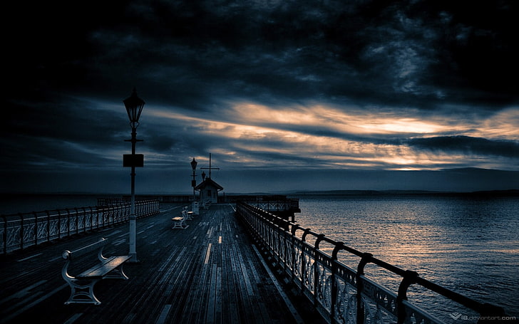 pier, sky, water, cloud - sky, sea, nature, railing, scenics - nature, HD wallpaper