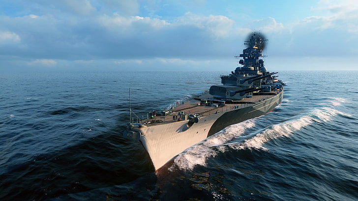 black and gray battleship, World of Warships , Tirpitz, sea, battleships