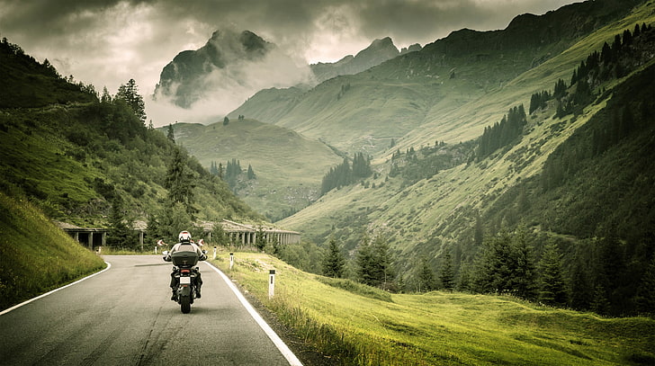 black motorcycle, road, grass, landscape, mountains, nature, markup