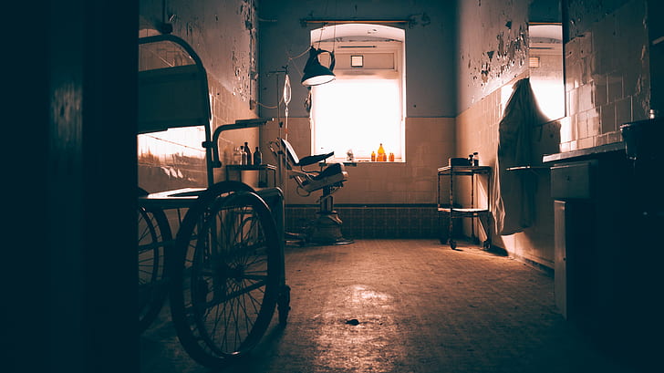 hospital, asylum, abandoned, Wheelchair, window, sunbeams, urbex