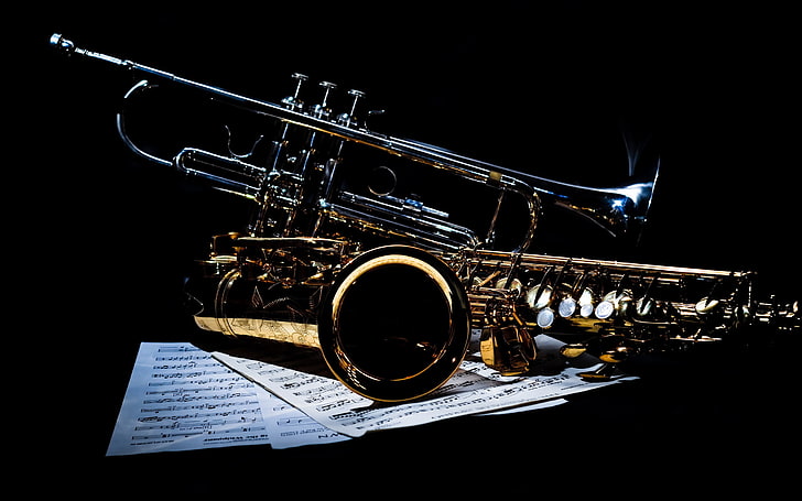 two gold saxophone and silver trumpet, notes, music, pipe, musical instrument, HD wallpaper