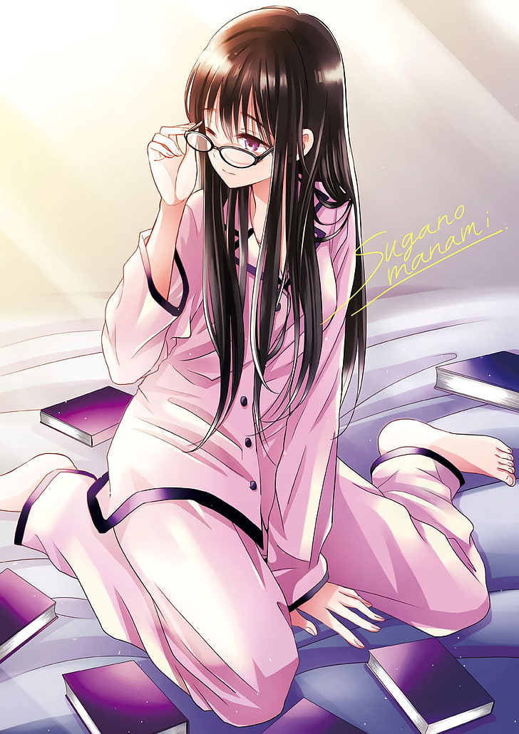anime, anime girls, pink pajamas, long hair, brunette, purple eyes, HD wallpaper