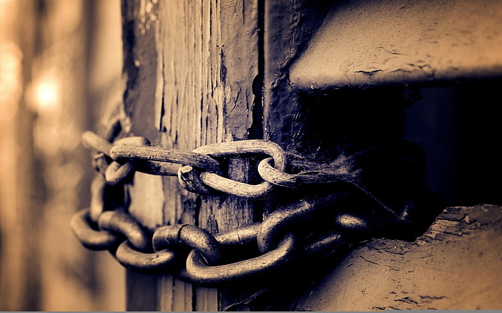 gray metal chain, wood, chains, sepia, close-up, no people, strength