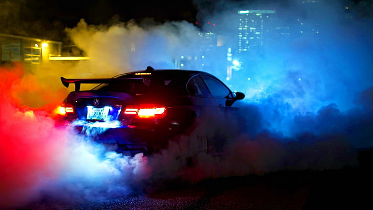 smoke, BMW, car, night, driving