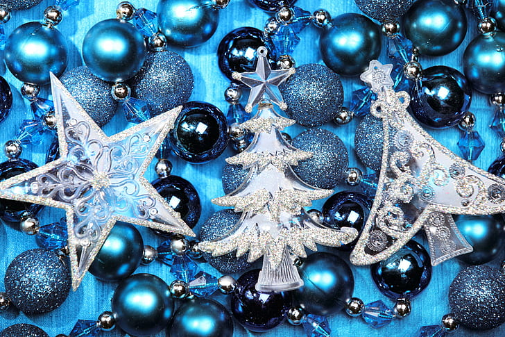 Blue & Silver Ornaments, holidays, star, baubles, christmas, HD wallpaper