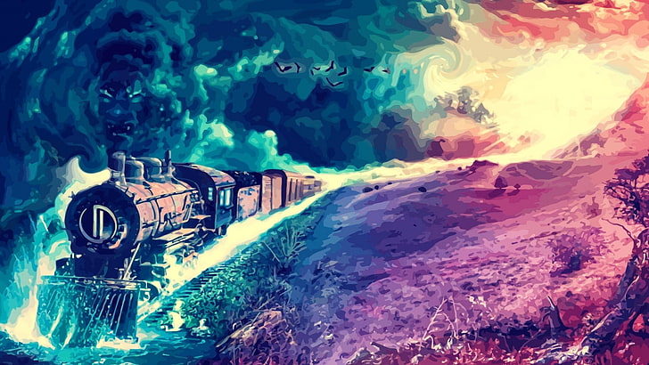 train with face smoke digital wallpaper, artwork, fantasy art