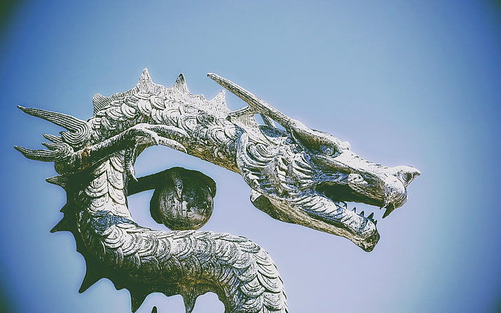green and white dragon painting, China, sky, no people, low angle view