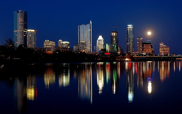 photo of city lights, austin, texas, night, skyscrapers, reflection, HD wallpaper