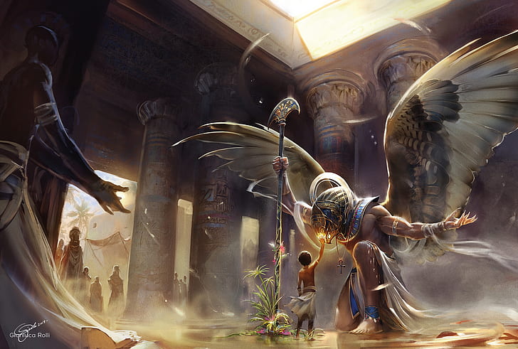 Fantasy, Gods, Boy, Columns, Egypt, Horus (Deity), Temple, Wings