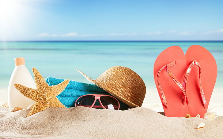 Beach Accessories, woven sunhat; orange flipflops; starfish; blue fleece towel; pink frame sunglasses