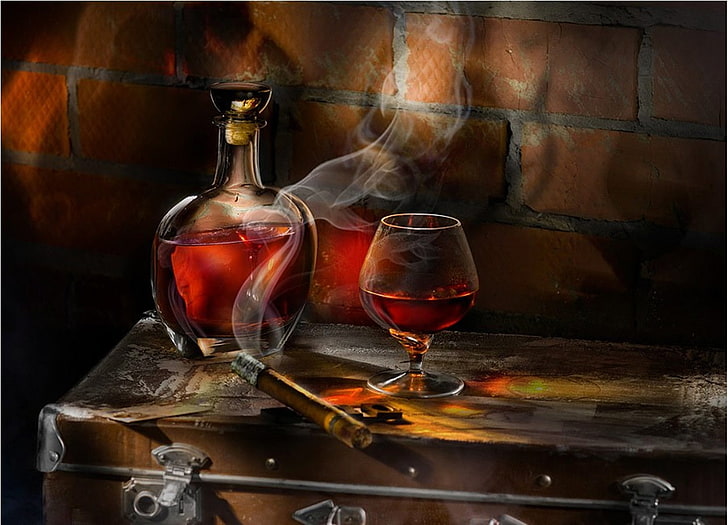 wine glass and bottle, cigar, whiskey, alcohol, drink, brandy