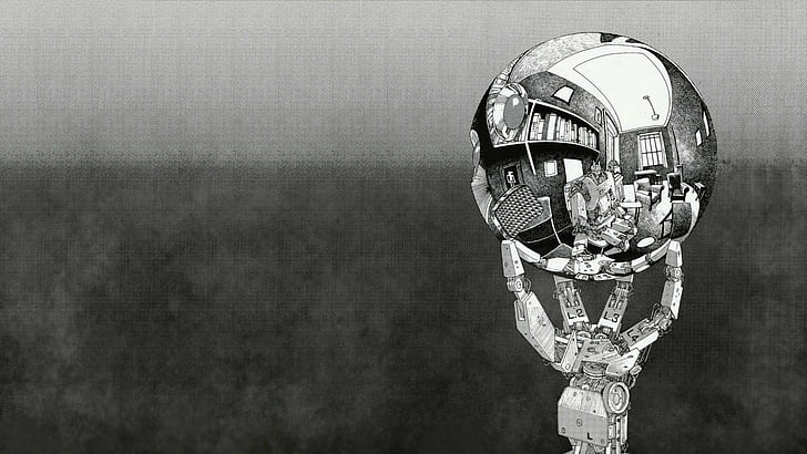 M. C. Escher, monochrome, reflection, robot, sphere