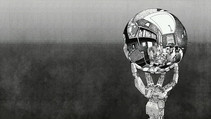 robot, M. C. Escher, monochrome, sphere, reflection, architecture