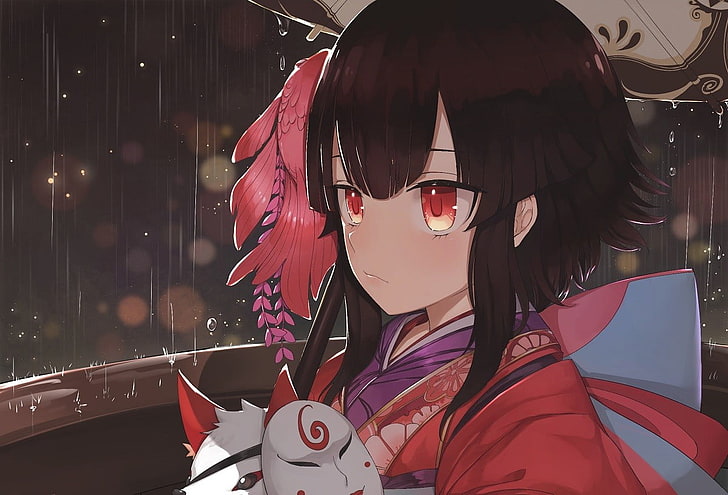 anime girls, red eyes, kimono, rain, fashion, real people, glasses, HD wallpaper