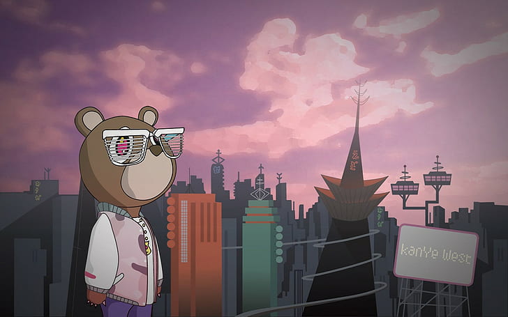 the city, music, bear, glasses, Kanye West, HD wallpaper