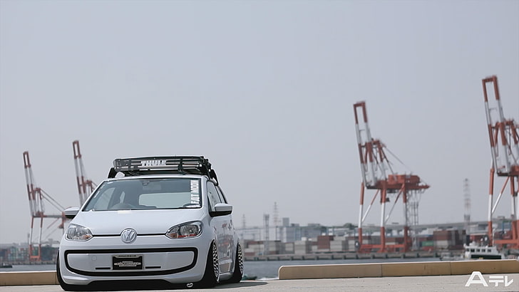 Volkswagen Up!, Air ride, airride, harbor, car, tuning, light blue, HD wallpaper