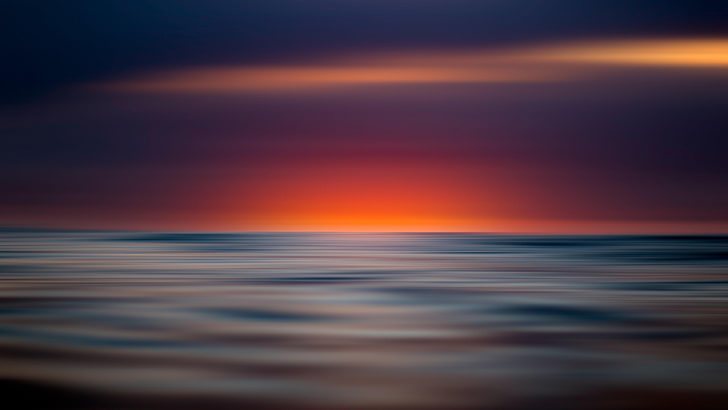 sunset, water, horizon, sky, sea, calm, ocean, red sky, wave, HD wallpaper