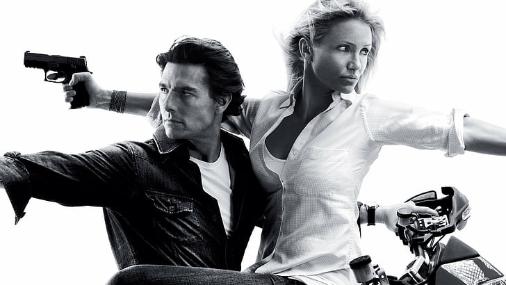 Movie, Knight And Day, Black & White, Cameron Diaz, Tom Cruise, HD wallpaper